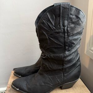 Code West Black Leather Slouch Western Boots Festival Vintage Retro Size 8.5
